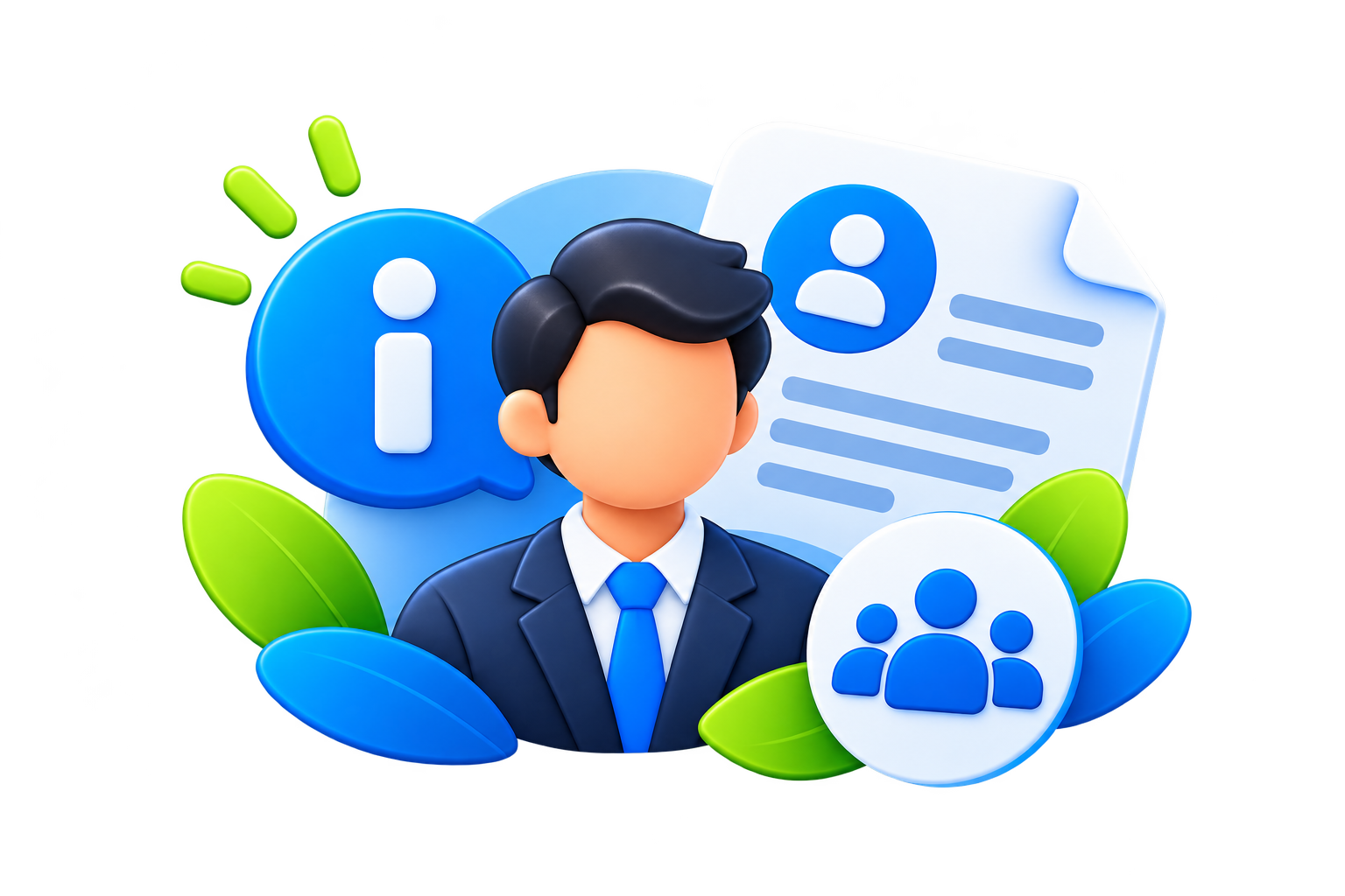Illustration of an advisor with an information badge and a team document