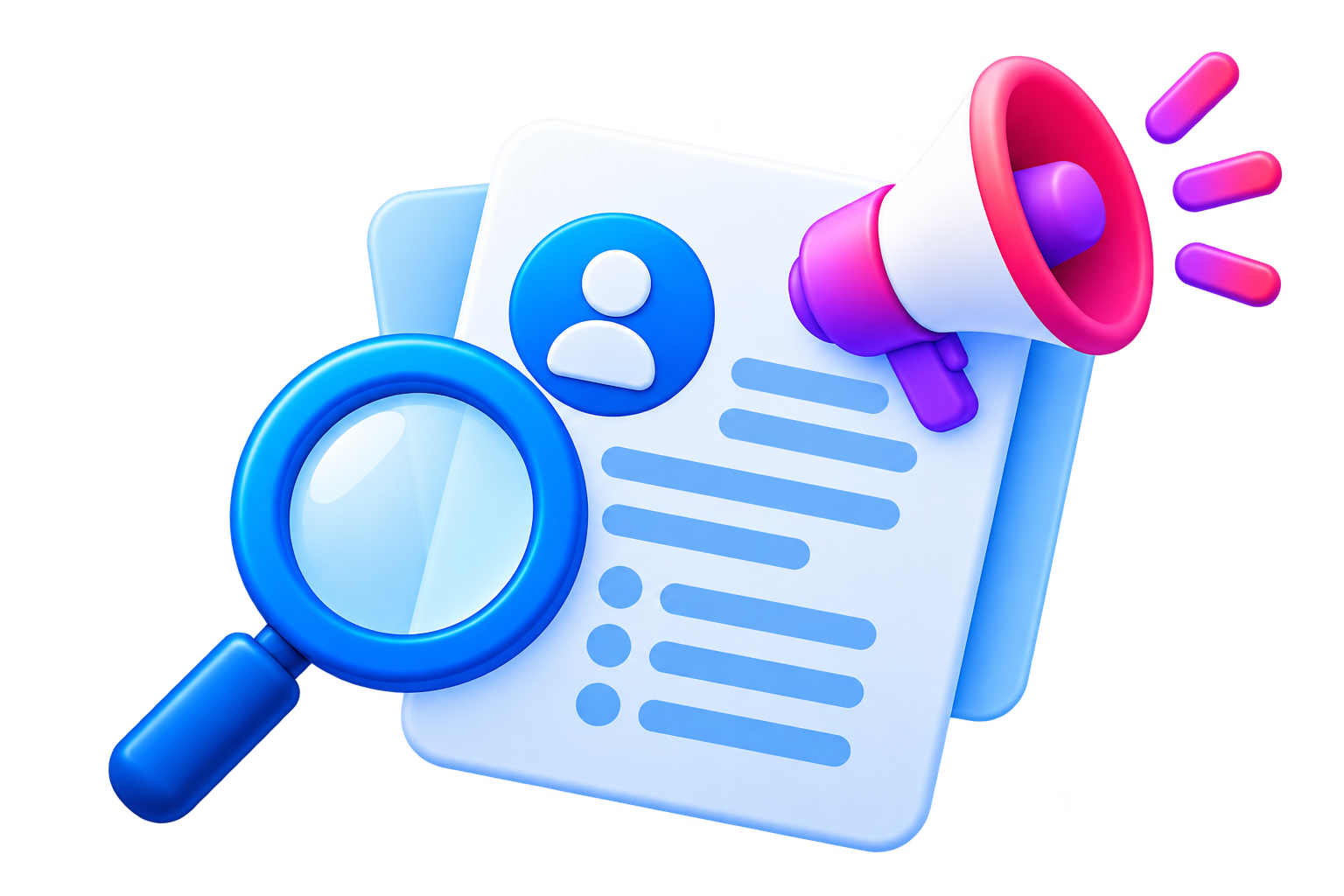 Illustration of a magnifying glass and megaphone over a job listing